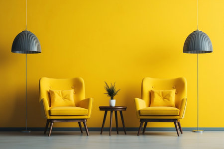 Two Yellow Chairs with Lampshade. Generative AIの素材