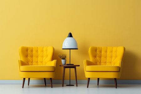 Two Yellow Chairs with Lampshade. Generative AIの素材