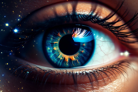 Close-Up View of Woman's Sunlit Eye. Generative AIの素材