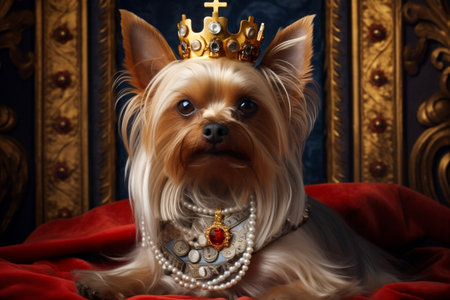Regal Yorkshire Terrier A Close-up Portrait with a Golden Crown. Generative AIの素材