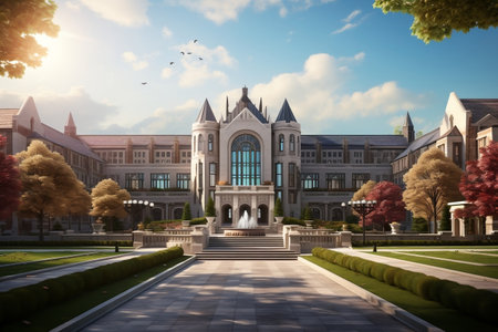 Front View of a School Building. Generative AIの素材