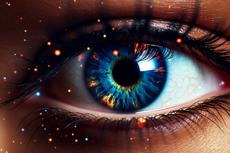 Close-Up View of Woman's Sunlit Eye. Generative AIの素材