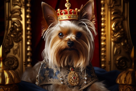 Regal Yorkshire Terrier A Close-up Portrait with a Golden Crown. Generative AIの素材