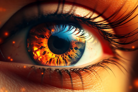 Close-Up View of Woman's Sunlit Eye. Generative AIの素材