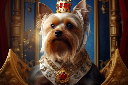 Regal Yorkshire Terrier A Close-up Portrait with a Golden Crown. Generative AIの素材