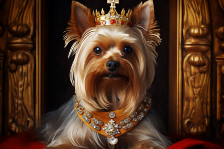 Regal Yorkshire Terrier A Close-up Portrait with a Golden Crown. Generative AIの素材