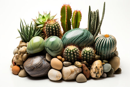 Isolated Cacti with Pebbles White Backgroundの素材