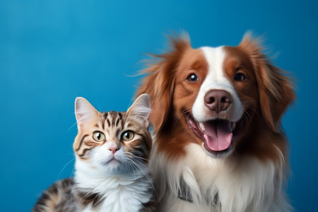 Blissful Pet Companions Happy Dog and Cat on Blue Background - Animals Loveの素材