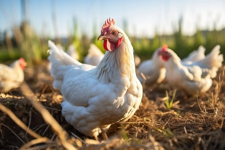 Hen and Chicks Outdoor Pasture Scene in the Sunの素材