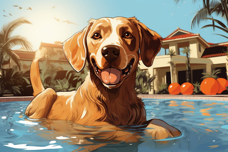 Canine Vacation Dog Enjoying the Swimming Poolの素材