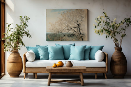 Harmonious Japandi Minimalist Living Room with Frame Mockup in Whiteの素材