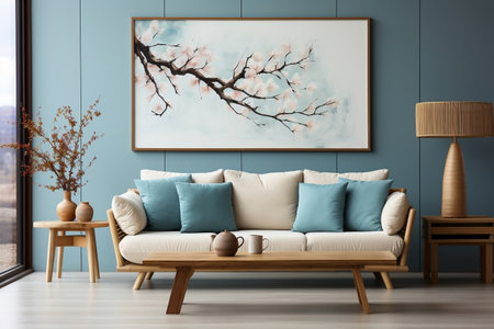 Harmonious Japandi Minimalist Living Room with Frame Mockup in Whiteの素材