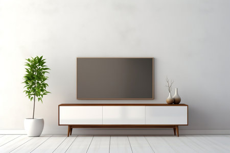 Mock-Up of a TV Cabinet Display in a White Minimalist Settingの素材
