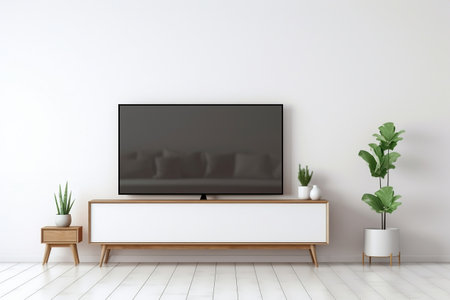 Mock-Up of a TV Cabinet Display in a White Minimalist Settingの素材