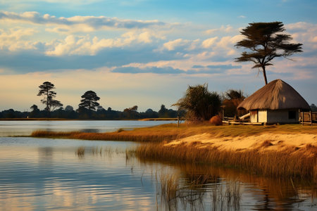 Benin Landscape Straw Hut and Lake.の素材