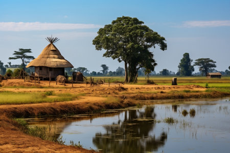 Benin Landscape Straw Hut and Lake.の素材