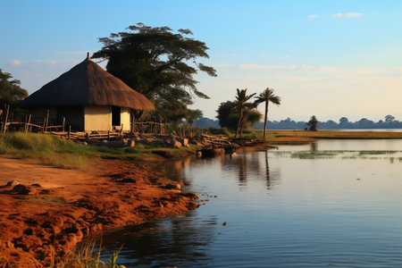Benin Landscape Straw Hut and Lake.の素材