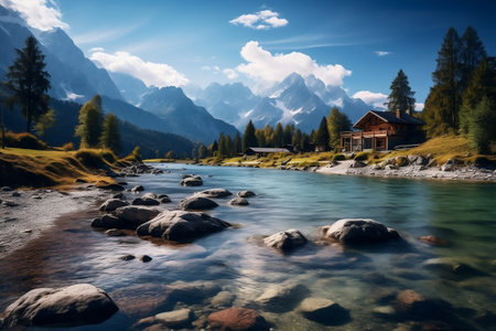 Calm Lake in the Alps Small House Mountain Viewの素材
