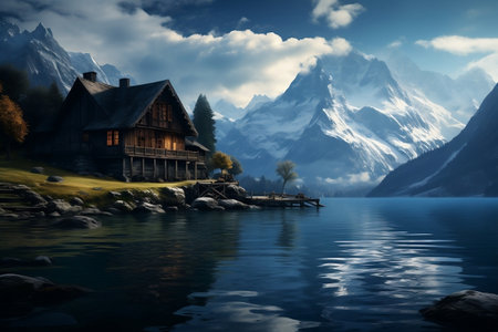 Calm Lake in the Alps Small House Mountain Viewの素材