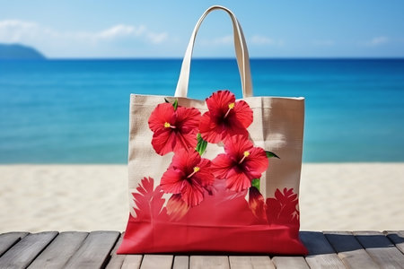 Hibiscus-Filled Beach Bag on a Wooden Table. Generative AIの素材