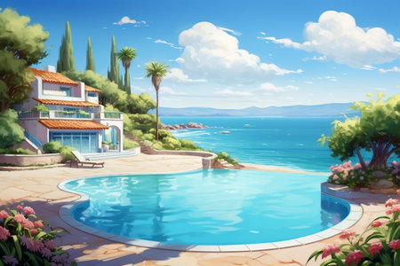 Stunning Summer Beach Landscape with Pool. Generative AIの素材