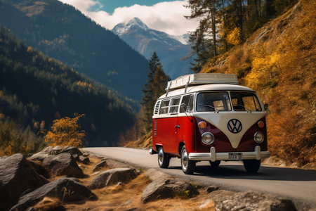 Vintage camper van hitting the road againの素材