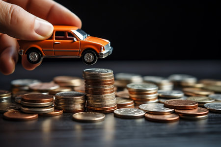 Toy car model with money coin, illustrating financial conceptの素材