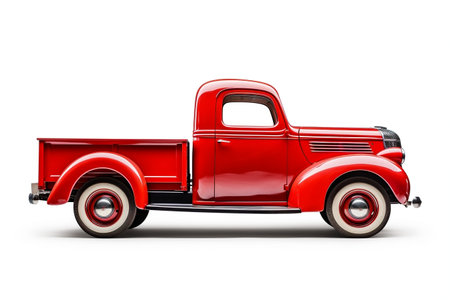 A vibrant red truck on a clean white backgroundの素材
