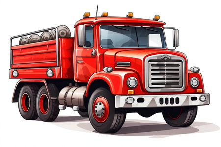 A vibrant red truck on a clean white backgroundの素材