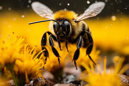 Close-up of a bumblebee with yellow stripesの素材