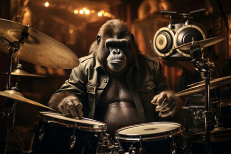 A talented gorilla drummer rocking the stageの素材