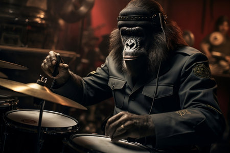 A talented gorilla drummer rocking the stageの素材