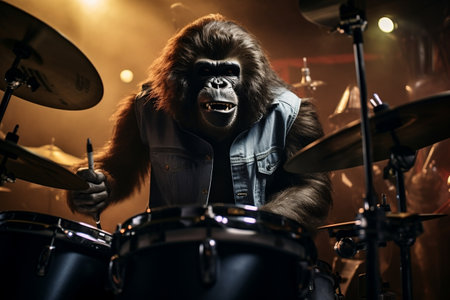A talented gorilla drummer rocking the stageの素材