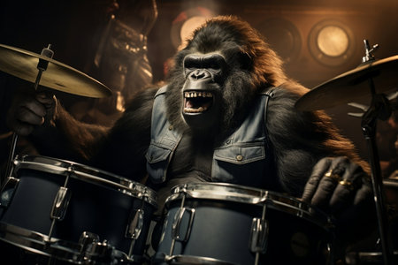 A talented gorilla drummer rocking the stageの素材