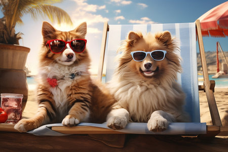 Cat and dog enjoying a summer holidayの素材