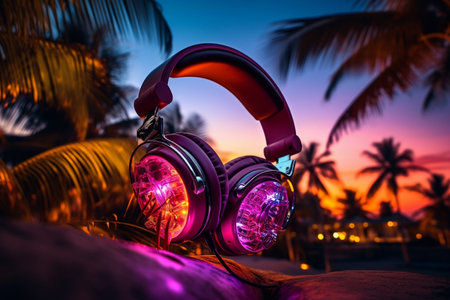 A DJ wearing headphones outdoors under neon lights, creating an energetic atmosphereの素材