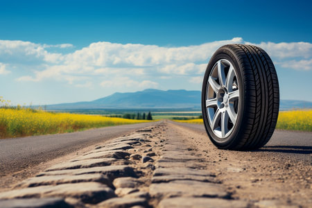 Summer tire on a road with ample copy spaceの素材