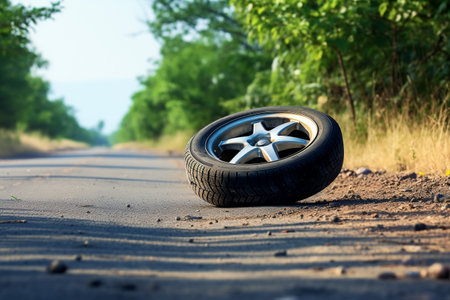 Summer tire on a road with ample copy spaceの素材