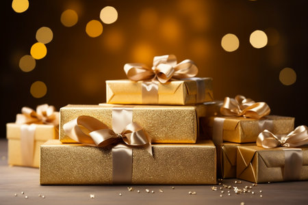 Stack of Gift Boxes Wrapped in Gold Paperの素材