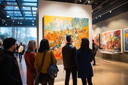 A Group of People Attend an Art Gallery with Paintingsの素材