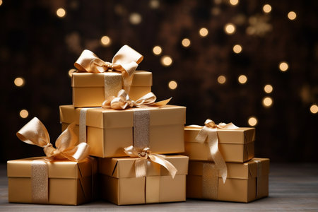 Stack of Gift Boxes Wrapped in Gold Paperの素材