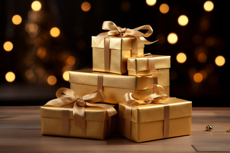 Stack of Gift Boxes Wrapped in Gold Paperの素材