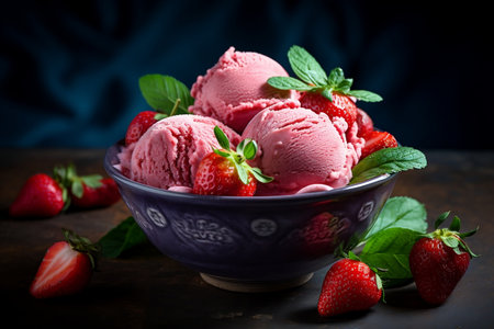 Scoops of refreshing strawberry ice cream in a bowlの素材