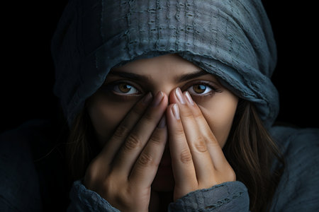 The young woman, feeling ashamed, covers her face with her handsの素材