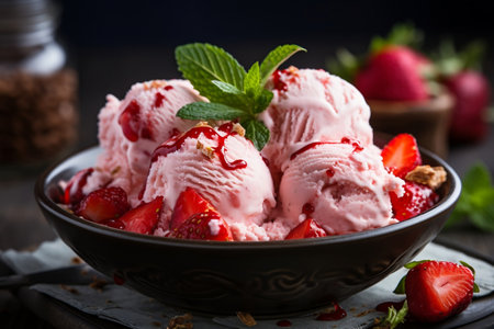 Scoops of refreshing strawberry ice cream in a bowlの素材