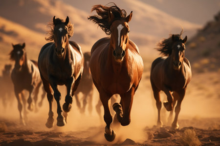 Wild horses running across the desertの素材