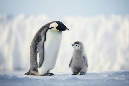 Two majestic white and grey Emperor Penguins stand side by sideの素材