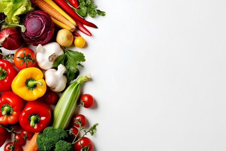 Colorful Vegetables placed on the Left on White background. Generative AIの素材