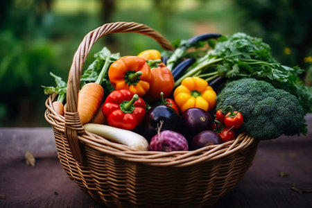 Different vegetables in a wooden basket placed on the table. Generative AIの素材