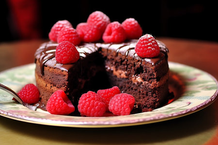 Decadent chocolate cake with fresh raspberries. Generative AIの素材